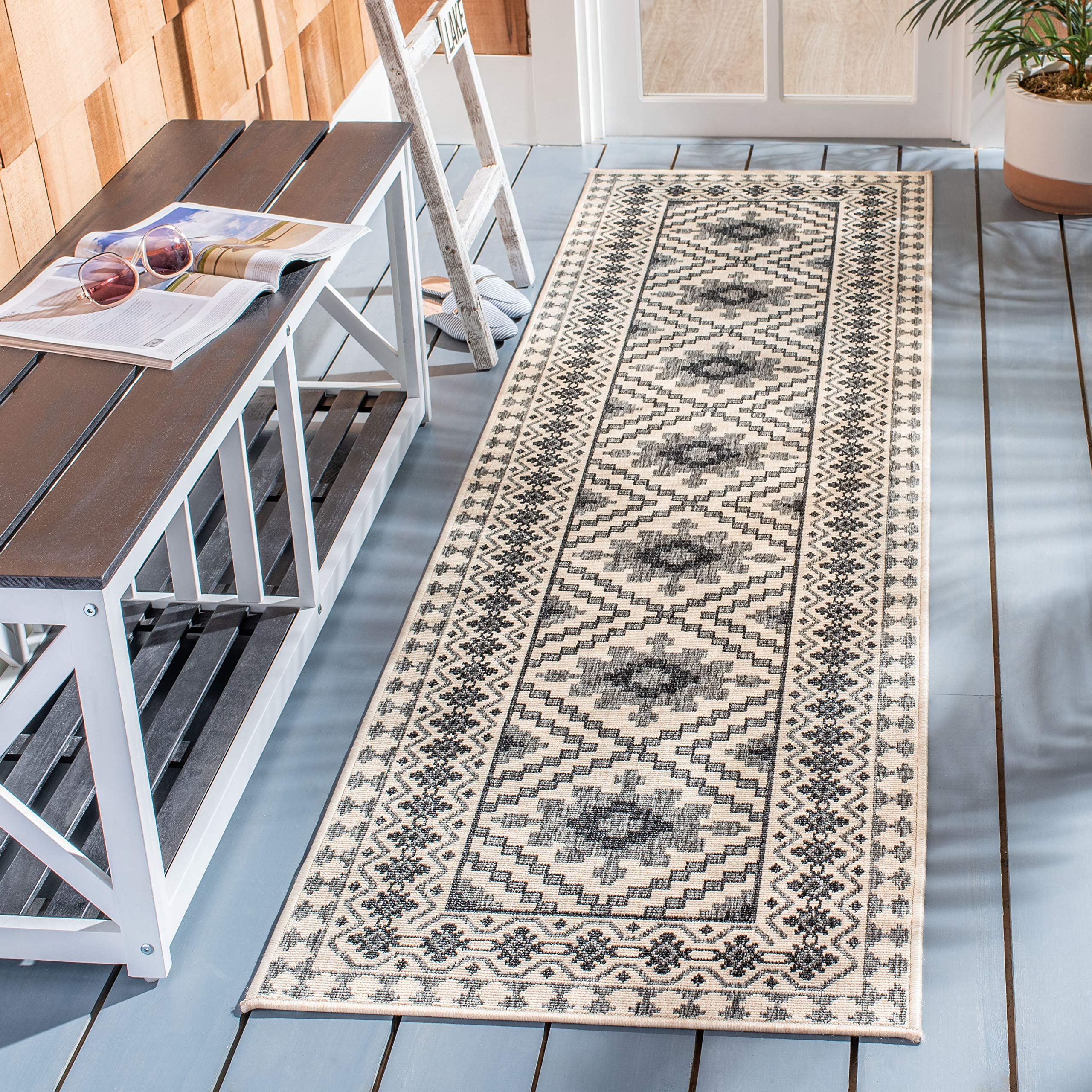 Safavieh Veranda Collection 2'3' X 8' Ivory / Slate Ver099 Boho Indoor/ Outdoor Non-Shedding Easy Scrubbing Patio Backyard Porch